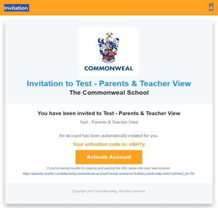 Parent Booking System Invitation Screenshot