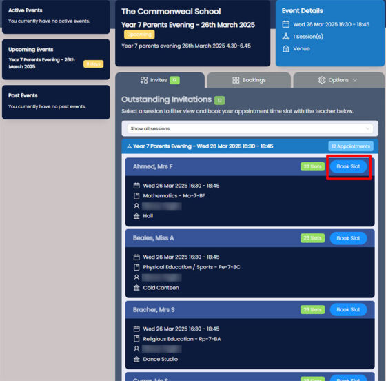 Booking System Dashboard Screebshot showing available teachers to book for