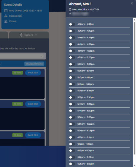 Booking System Dashboard showing available time slots