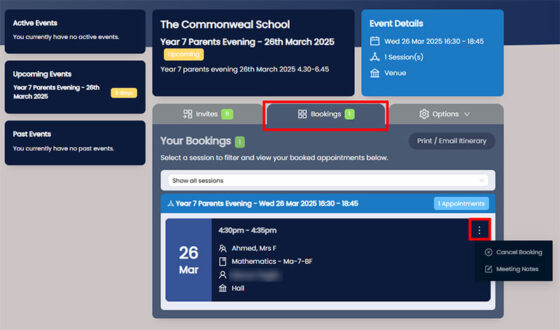 Booking System Dashboard Screenshot showing bookings made and how to cancel
